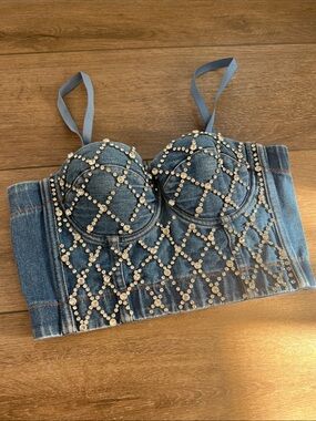 Denim Embellished Bustier Crop Top - Blue